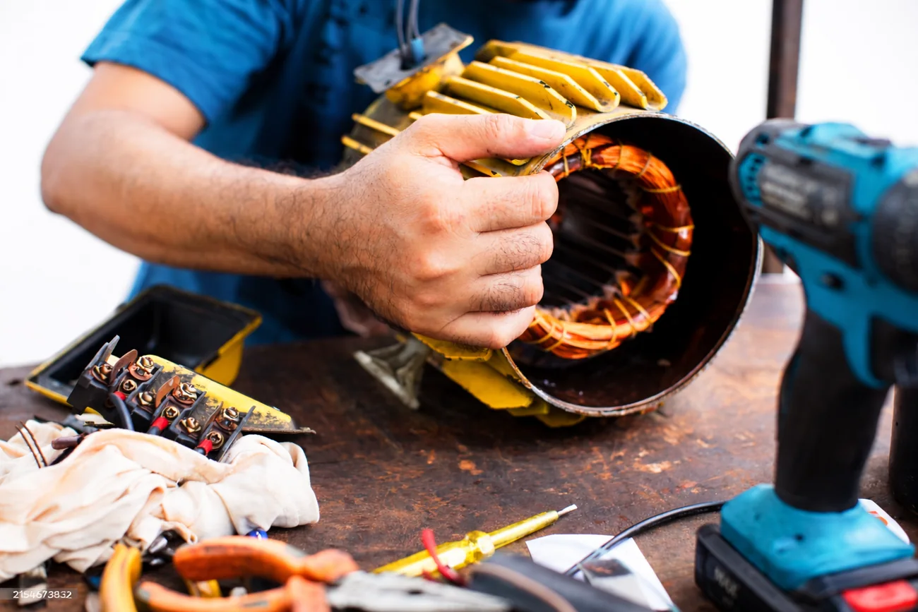 تعمیرکار در حال بررسی الکتروموتور